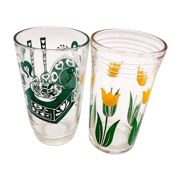 Vintage Kraft Swanky Swigs Set of 2 Glasses Yellow Tulips/Green Coffee Grinder - Picture 2 of 4